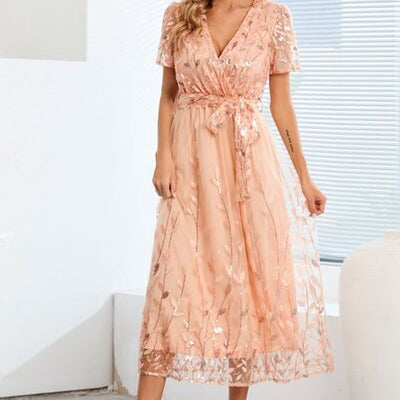 Sequin Leaf Embroidery Tie Front Short Sleeve Dress