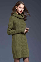 Woven Right Full Size Mixed Knit Cowl Neck Dropped Shoulder Sweater Dress - Guy Christopher 