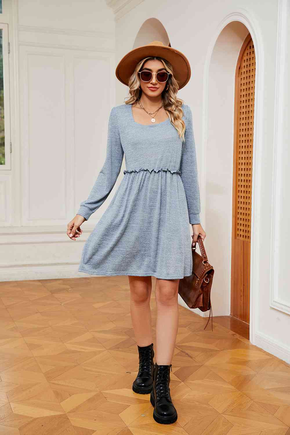 Square Neck Long Sleeve Dress - Guy Christopher 