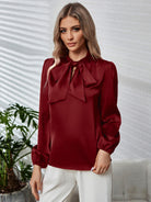 Tie Neck Long Puff Sleeve Blouse - Guy Christopher 