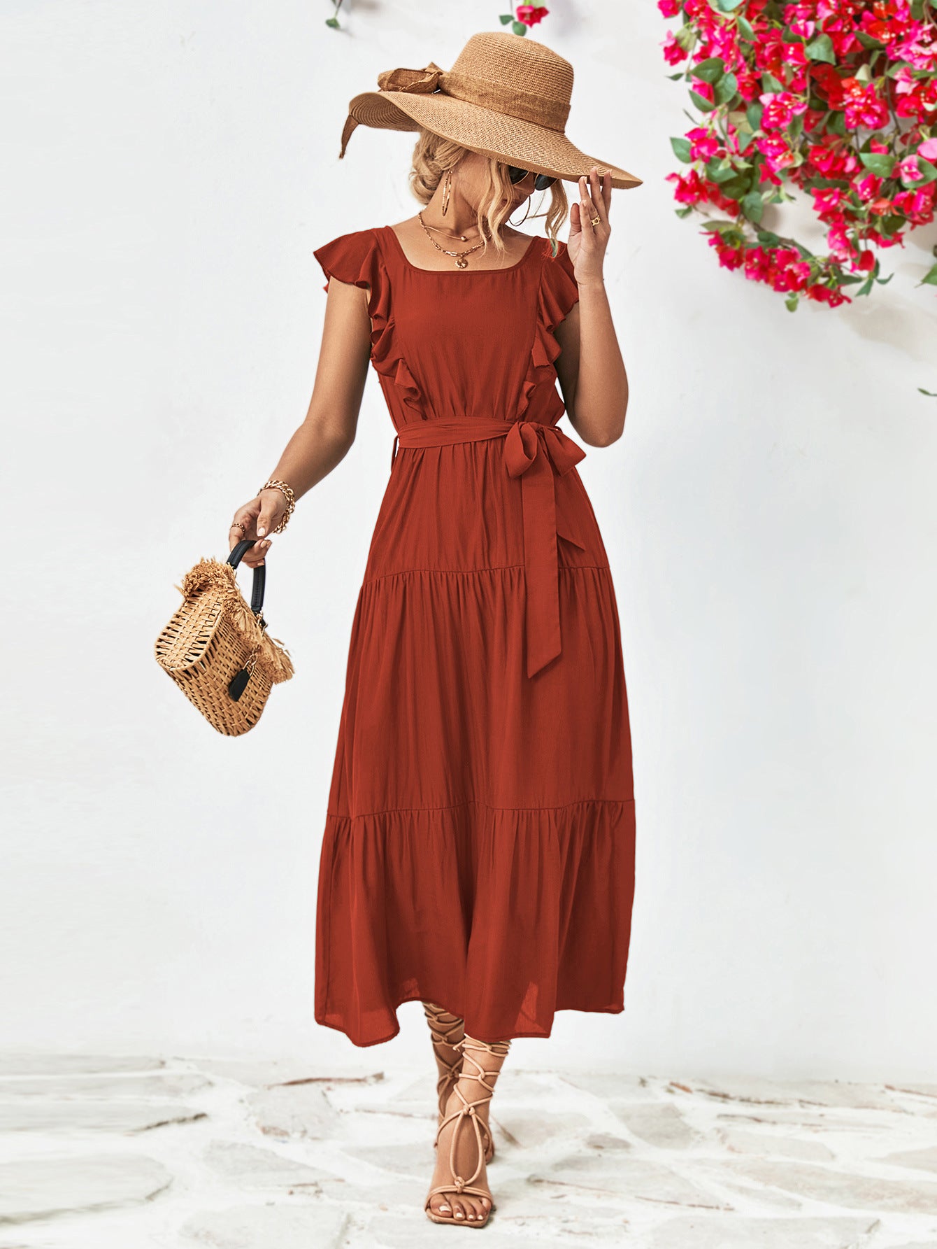 Tie Belt Ruffled Tiered Dress - Guy Christopher 