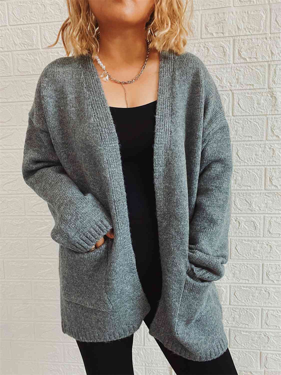 Open Front Long Sleeve Cardigan with Pockets - Guy Christopher 