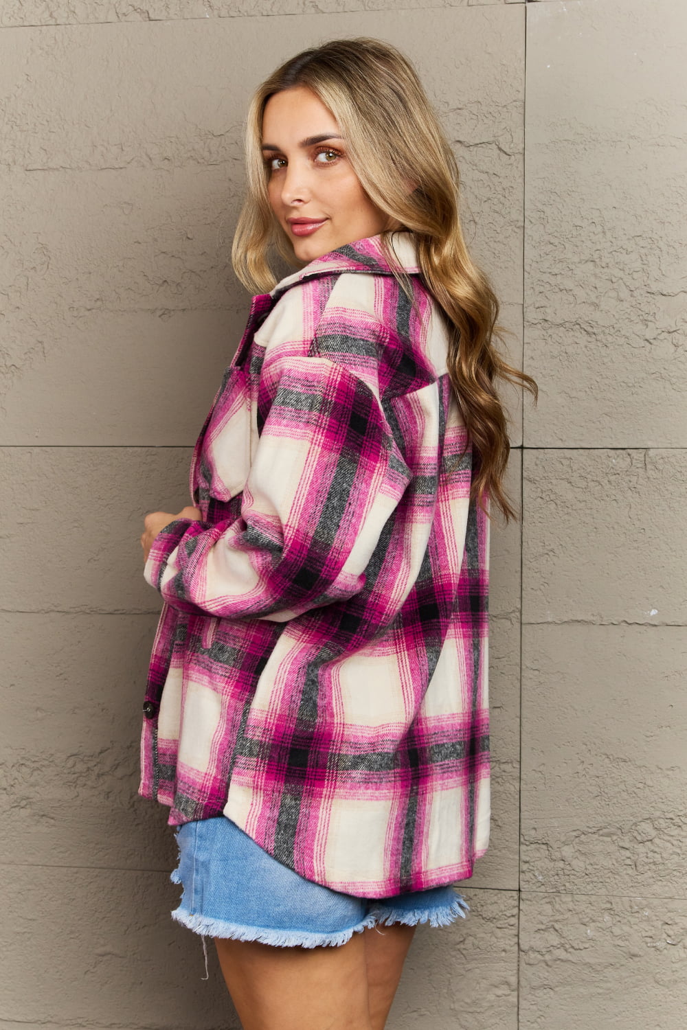 Zenana By The Fireplace Oversized Plaid Shacket in Magenta - Guy Christopher 