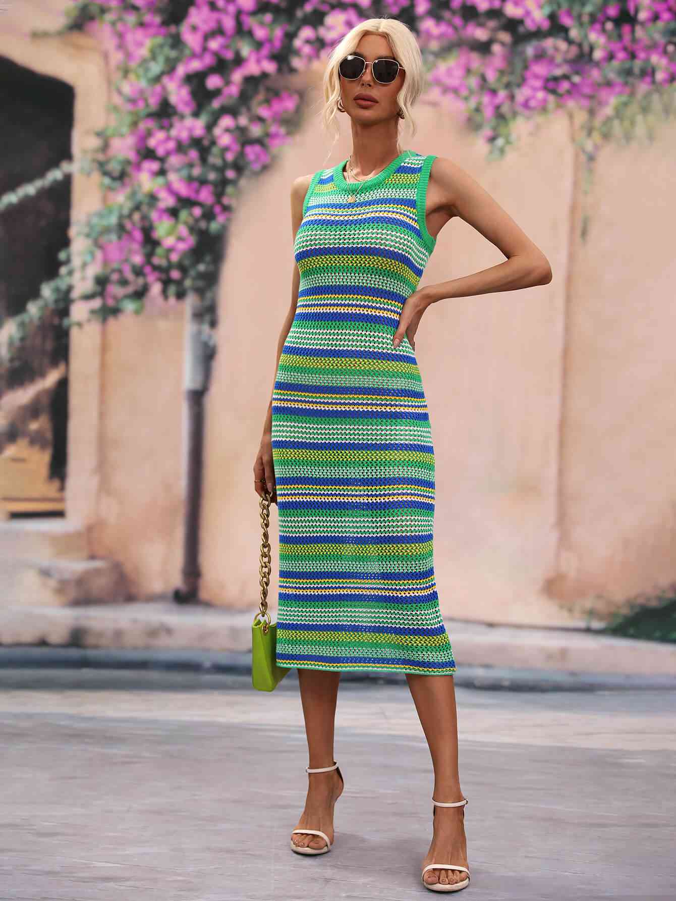 Striped Round Neck Sleeveless Midi Cover Up Dress - Guy Christopher 