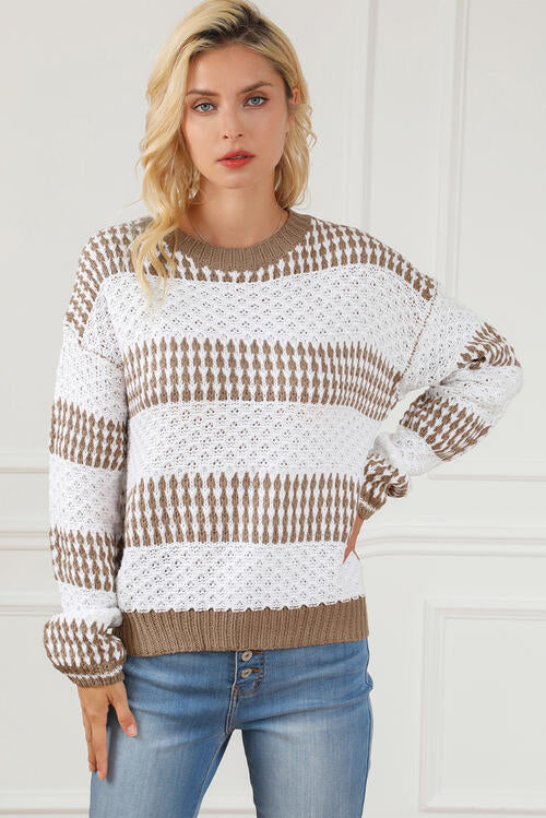 Striped Round Neck Long Sleeve Knit Top - Guy Christopher 