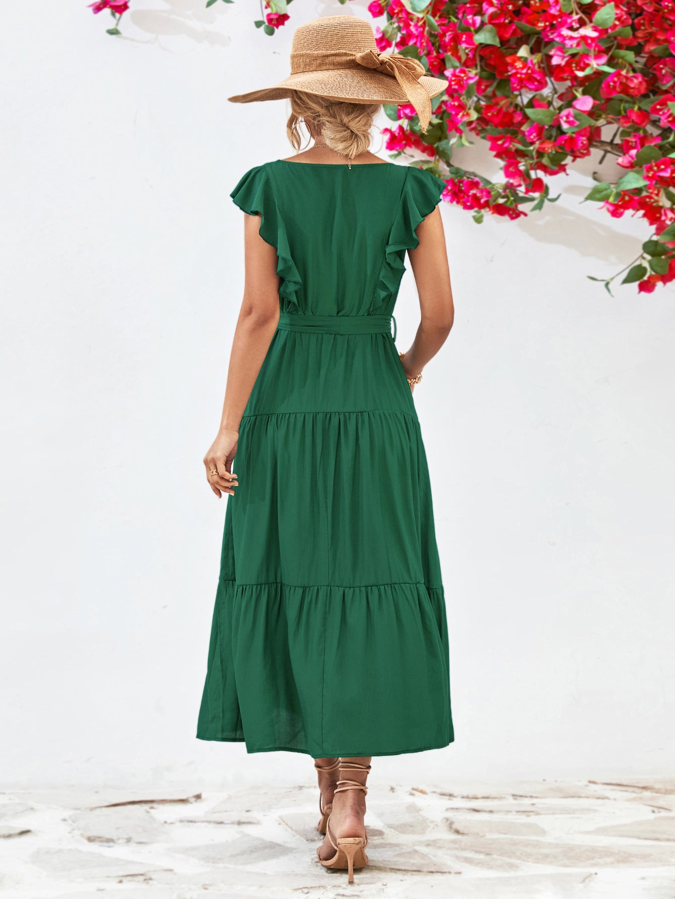 Tie Belt Ruffled Tiered Dress - Guy Christopher 