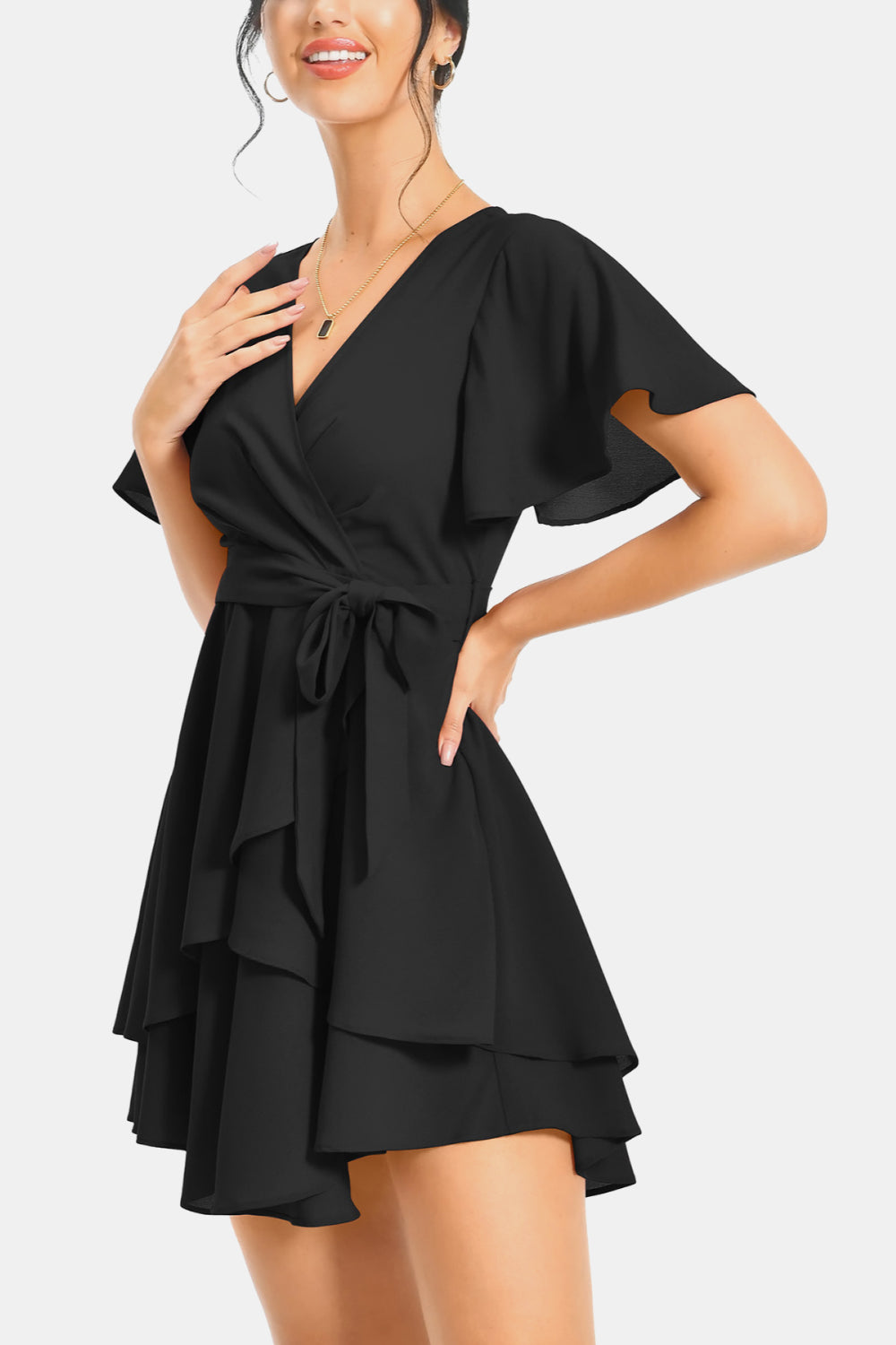 Surplice Neck Flutter Sleeve Dress - Guy Christopher 