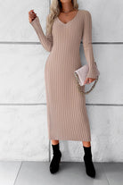 V-Neck Long Sleeve Ribbed Sweater Dress - Guy Christopher 