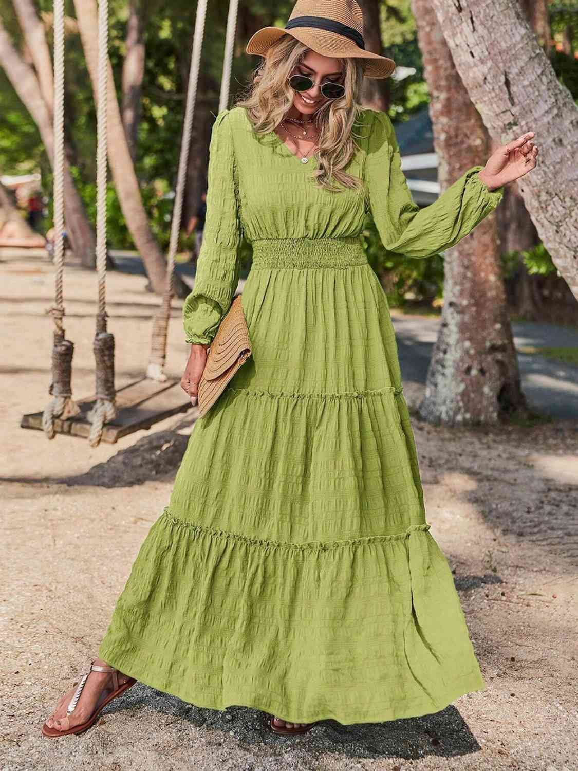 Smocked Waist V-Neck Maxi Dress - Guy Christopher 