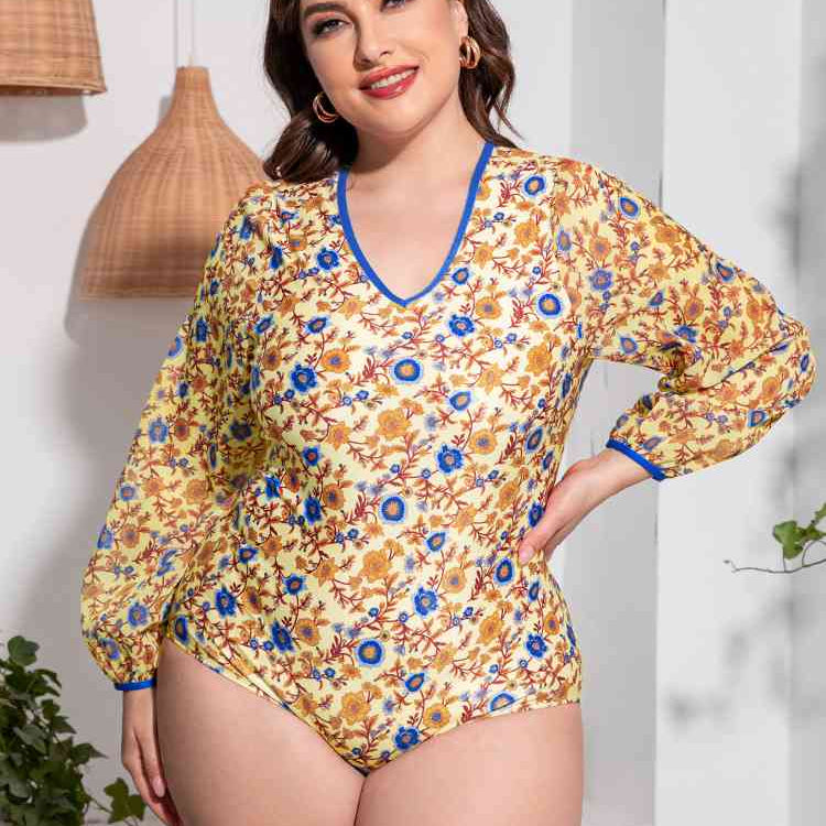 Plus Size Floral Open Back Long Sleeve One-Piece Swimsuit