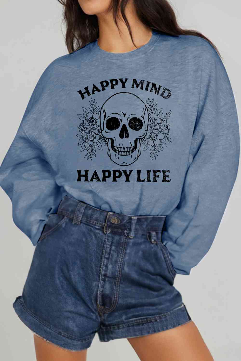 Simply Love Simply Love Full Size HAPPY MIND HAPPY LIFE SKULL Graphic Sweatshirt - Guy Christopher 