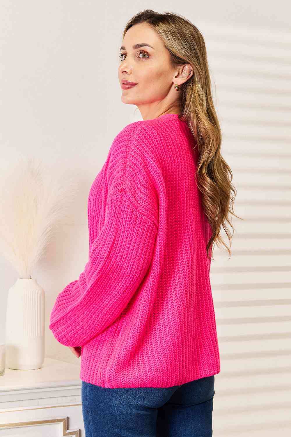 Woven Right Rib-Knit Open Front Drop Shoulder Cardigan - Guy Christopher 