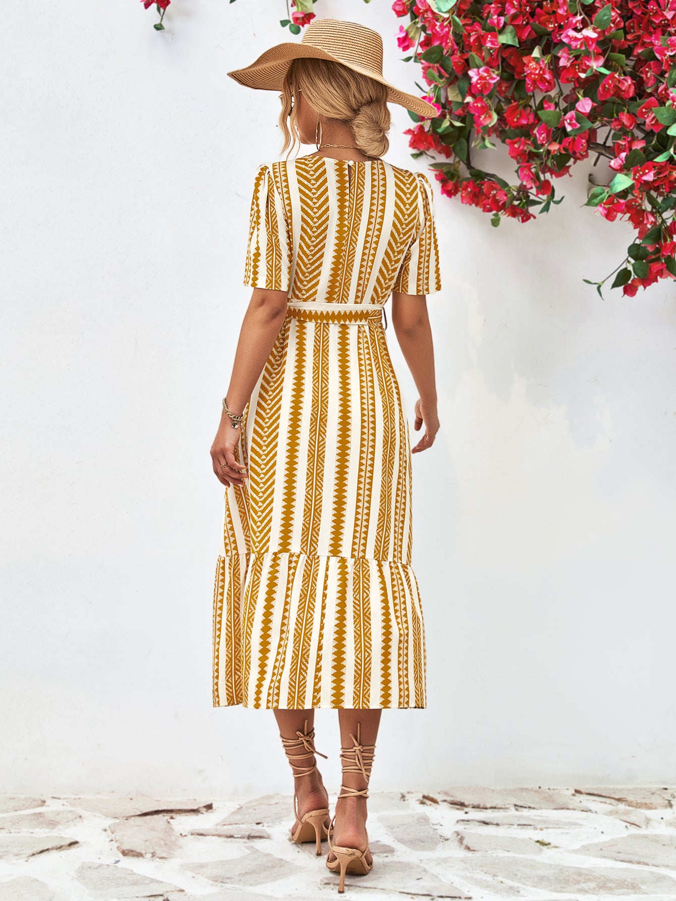 Striped Tie Belt Round Neck Puff Sleeve Dress - Guy Christopher 