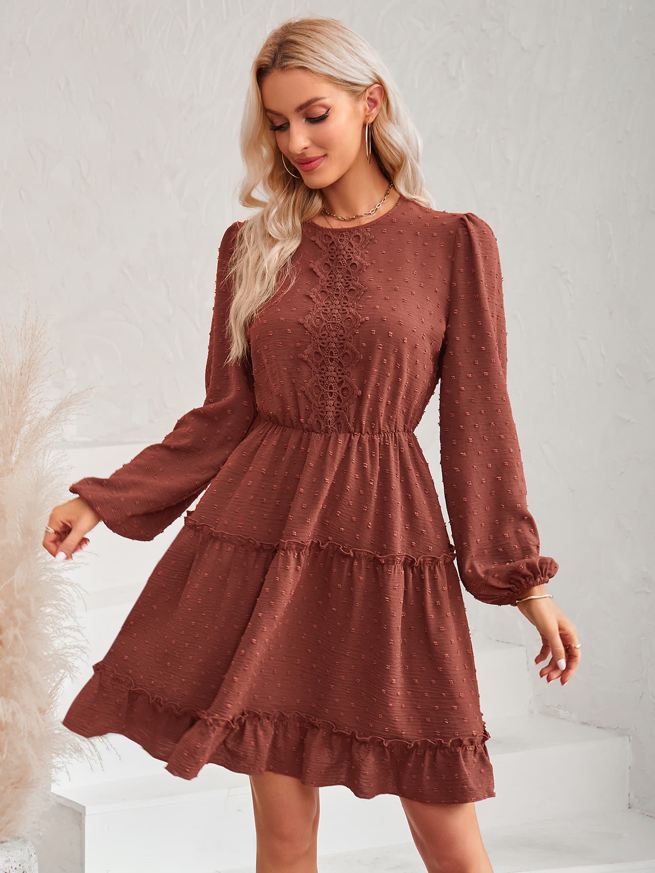 Swiss Dot Lace Trim Balloon Sleeve Dress - Guy Christopher 