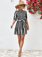 Striped Half Sleeve Tie Waist Mini Dress - Guy Christopher 