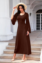 Tie Back Ribbed Round Neck Long Sleeve Dress - Guy Christopher 