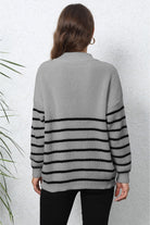 Striped Zip-Up Long Sleeve Ribbed Sweater - Guy Christopher 