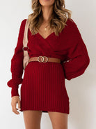 Surplice Neck Long Sleeve Sweater Dress - Guy Christopher 