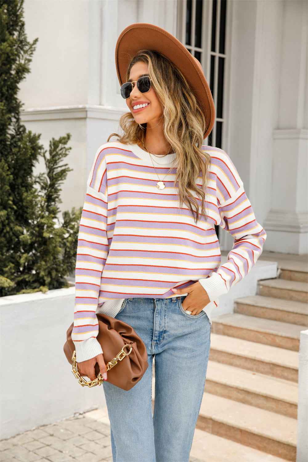 Striped Round Neck Dropped Shoulder Knit Top - Guy Christopher 