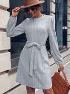 Tie Waist Puff Sleeve Round Neck Mini Dress - Guy Christopher 