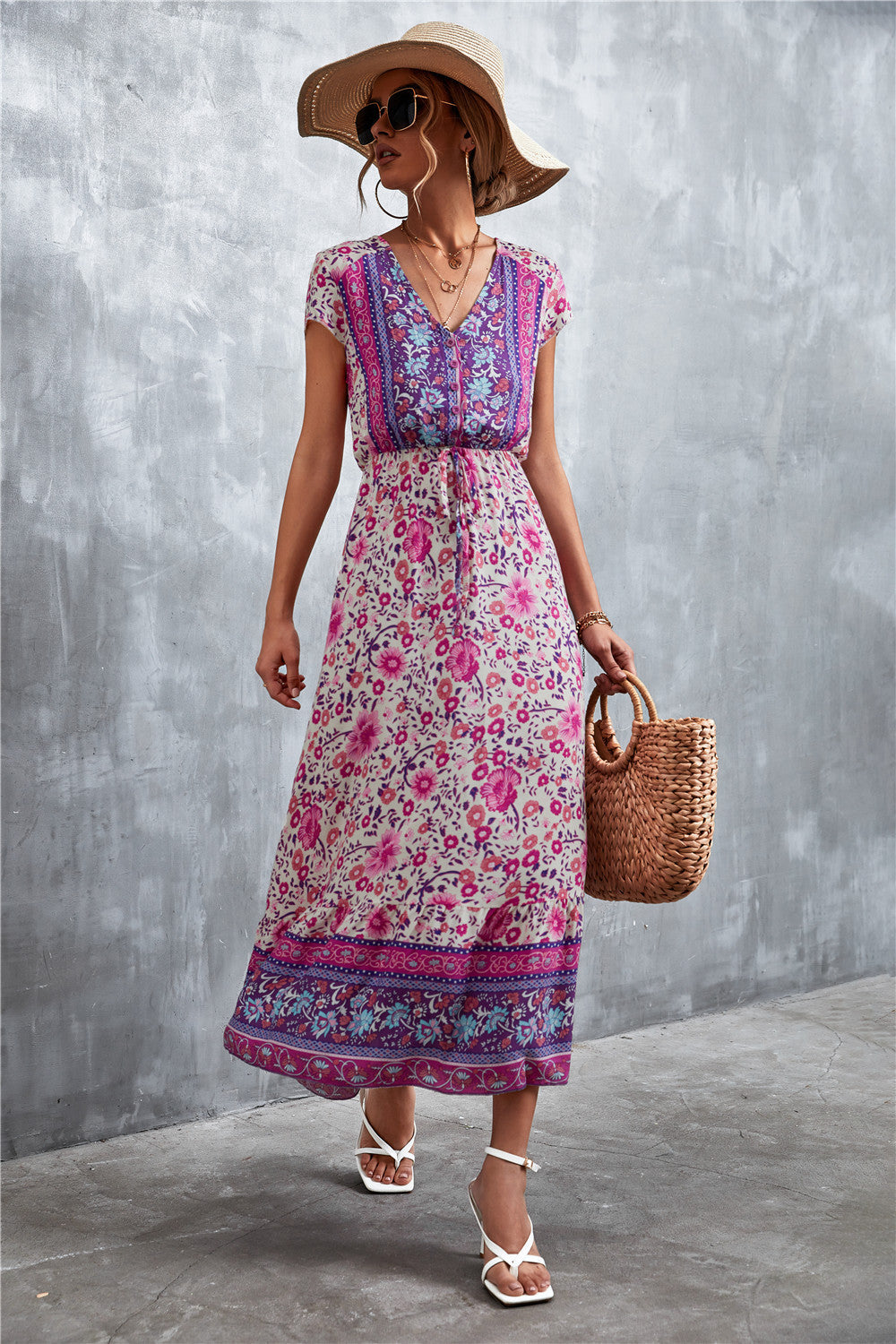 V-Neck Short Sleeve Printed Maxi Dress - Guy Christopher 