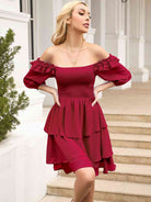 Smocked Square Neck Layered Dress - Guy Christopher 