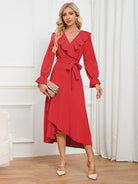 Surplice Tie Front Flounce Sleeve Dress - Guy Christopher 