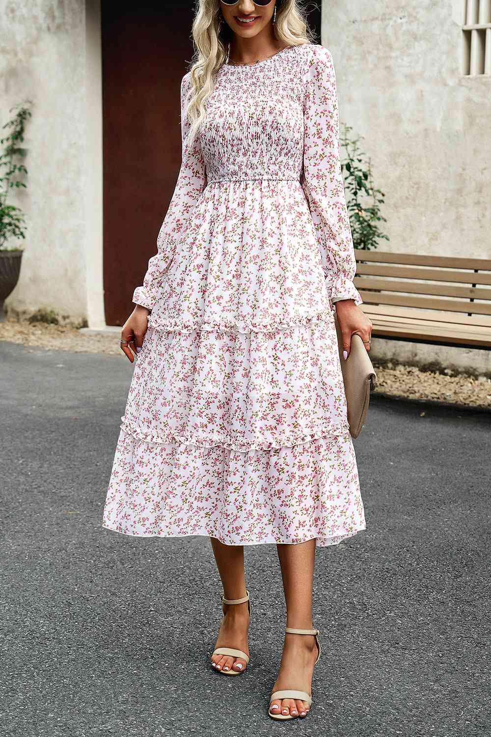 Smocked Flounce Sleeve Midi Dress - Guy Christopher 