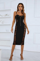 Spaghetti Strap Spliced Mesh Slit Back Dress - Guy Christopher 