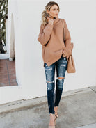 Turtleneck Dropped Shoulder Slit Sweater - Guy Christopher 