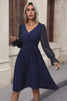 V-Neck Flounce Sleeve Pleated Dress - Guy Christopher 