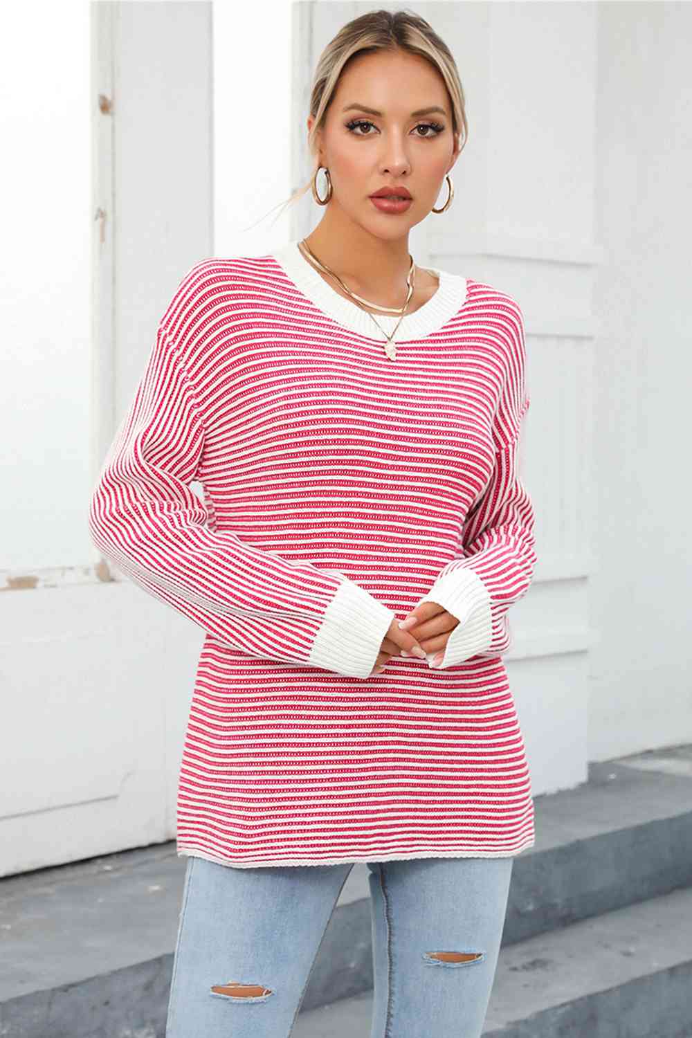 Striped Round Neck Long Sleeve Knit Top - Guy Christopher 