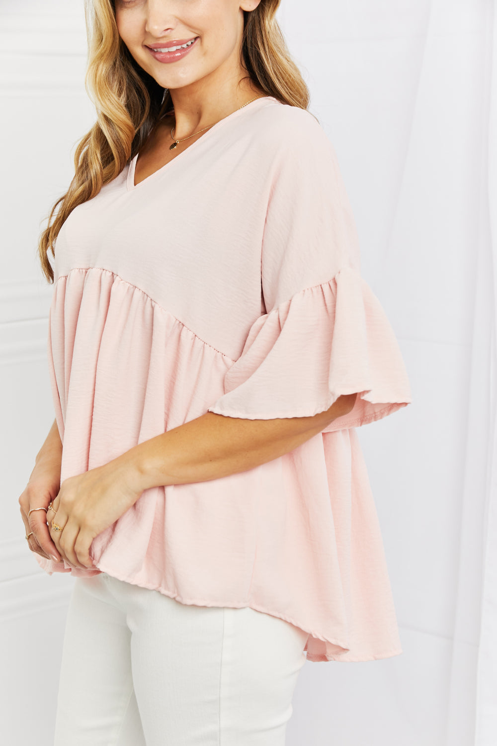 Celeste Look At Me Full Size Flowy Ruffle Sleeve Top in Pink - Guy Christopher 