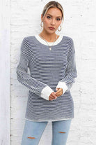 Striped Round Neck Long Sleeve Knit Top - Guy Christopher 