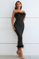 Feather Trim Strapless Sweetheart Neck Dress - Guy Christopher 