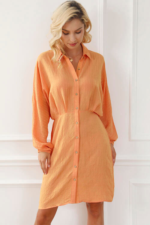 Texture Button Up Balloon Sleeve Shirt Dress - Guy Christopher 