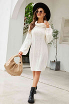 Woven Right Mixed Knit Turtleneck Lantern Sleeve Sweater Dress - Guy Christopher 