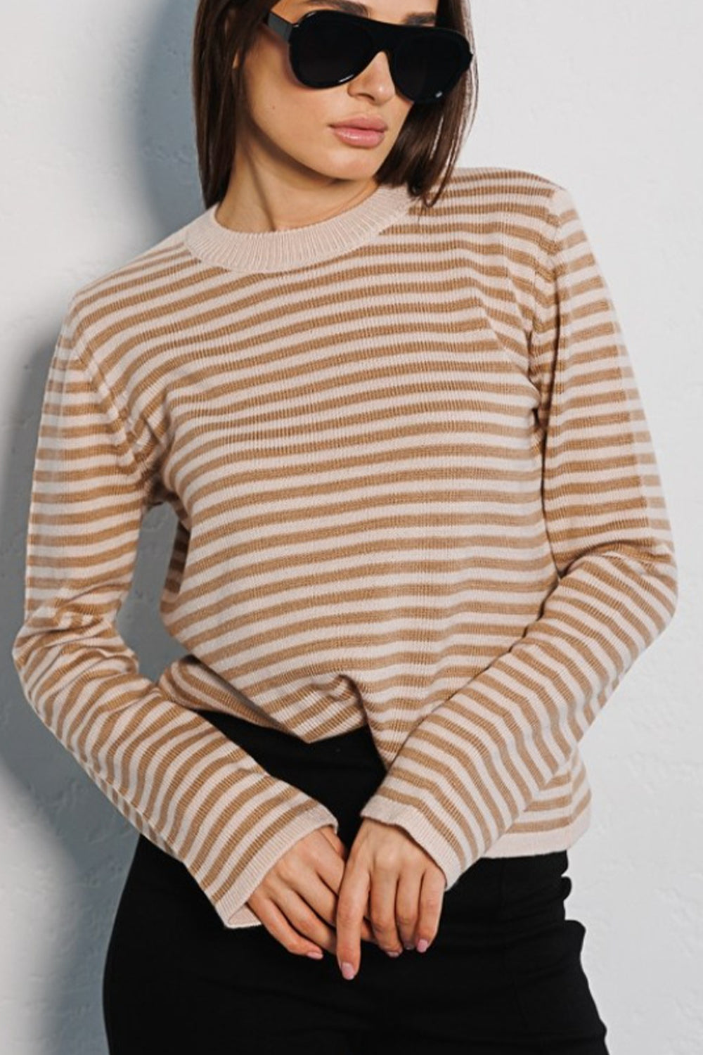 Striped Round Neck Long Sleeve Sweater - Guy Christopher 