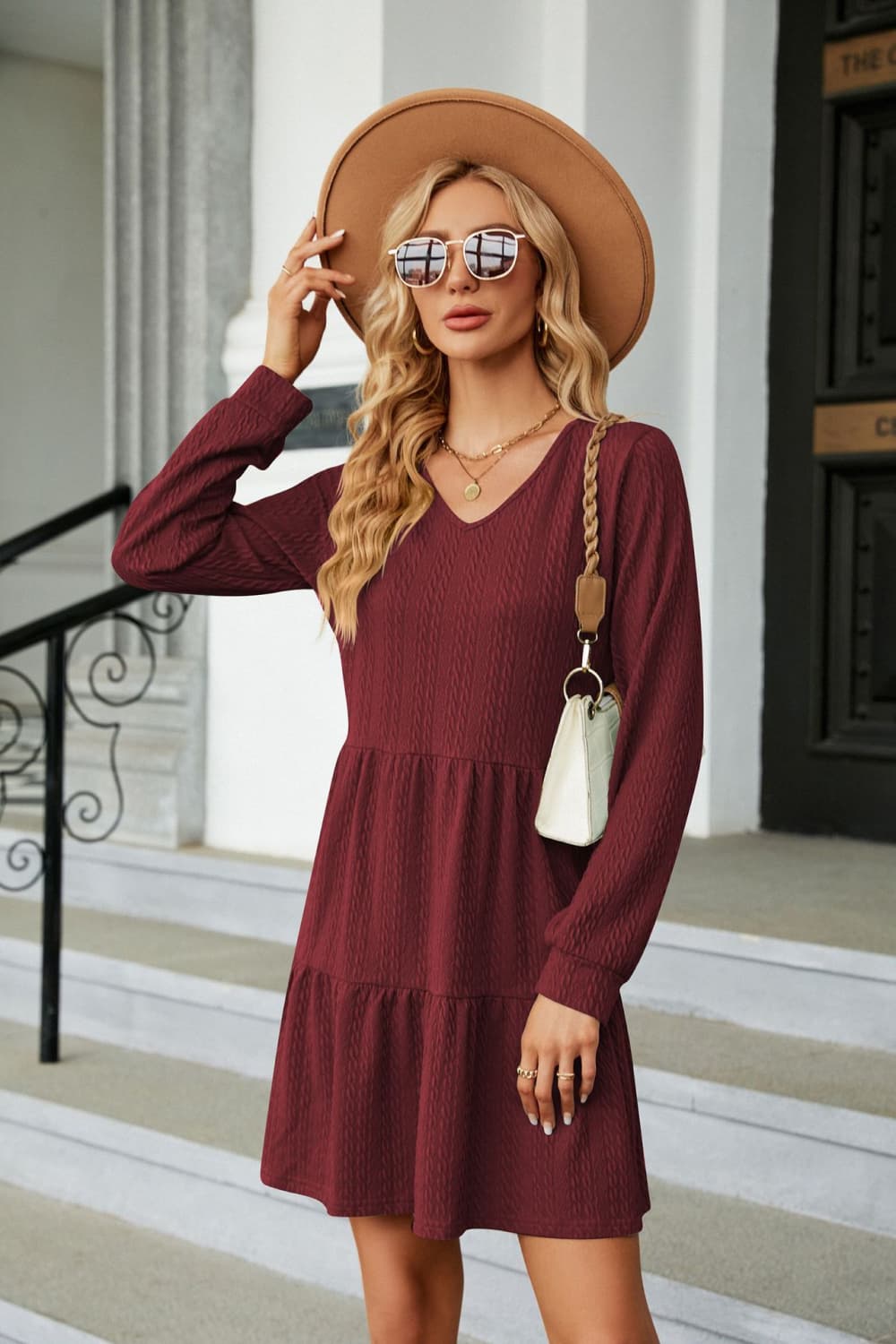 V-Neck Long Sleeve Mini Dress - Guy Christopher 