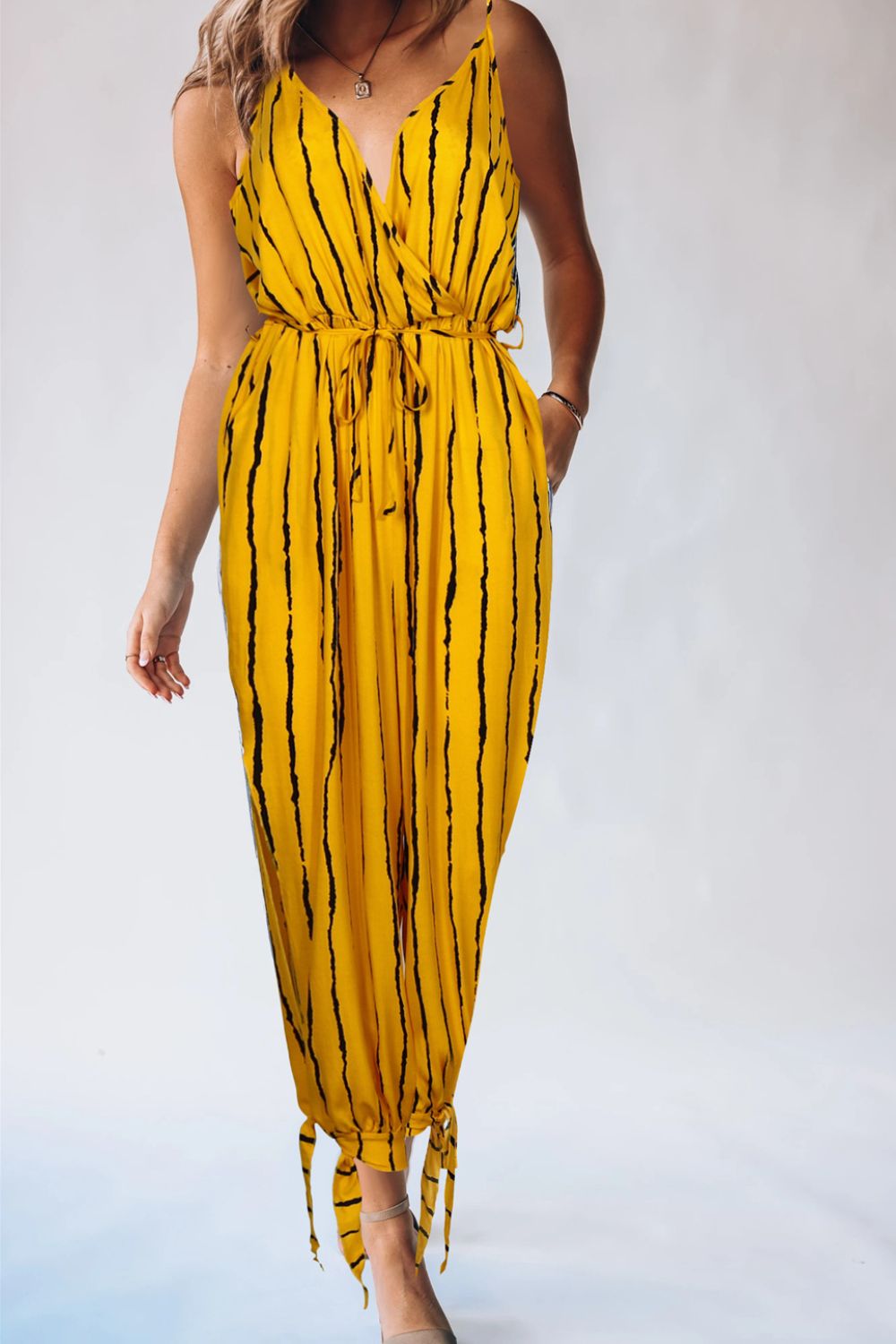Striped Contrast Tie Ankle Spaghetti Strap Jumpsuit - Guy Christopher 