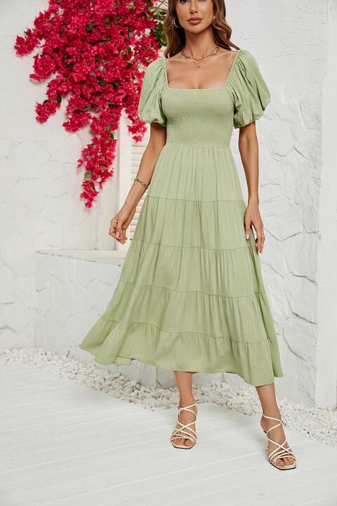 Smocked Square Neck Tiered Dress - Guy Christopher 