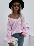 Striped Drop Shoulder V-Neck Pullover Sweater - Guy Christopher 