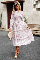 Smocked Flounce Sleeve Midi Dress - Guy Christopher 