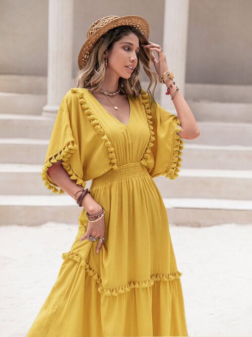 Tassel Trim Smocked V-Neck Short Sleeve Dress - Guy Christopher 