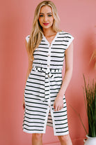 Striped Button Front Tie Waist Dress - Guy Christopher 