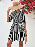 Striped Half Sleeve Tie Waist Mini Dress - Guy Christopher 