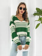 Striped V-Neck Long Sleeve Knit Top - Guy Christopher 