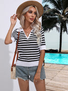 Striped Johnny Collar Half Sleeve Knit Top - Guy Christopher 