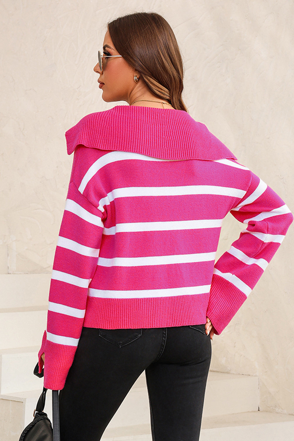 Striped Collared Neck Slit Sweater - Guy Christopher 