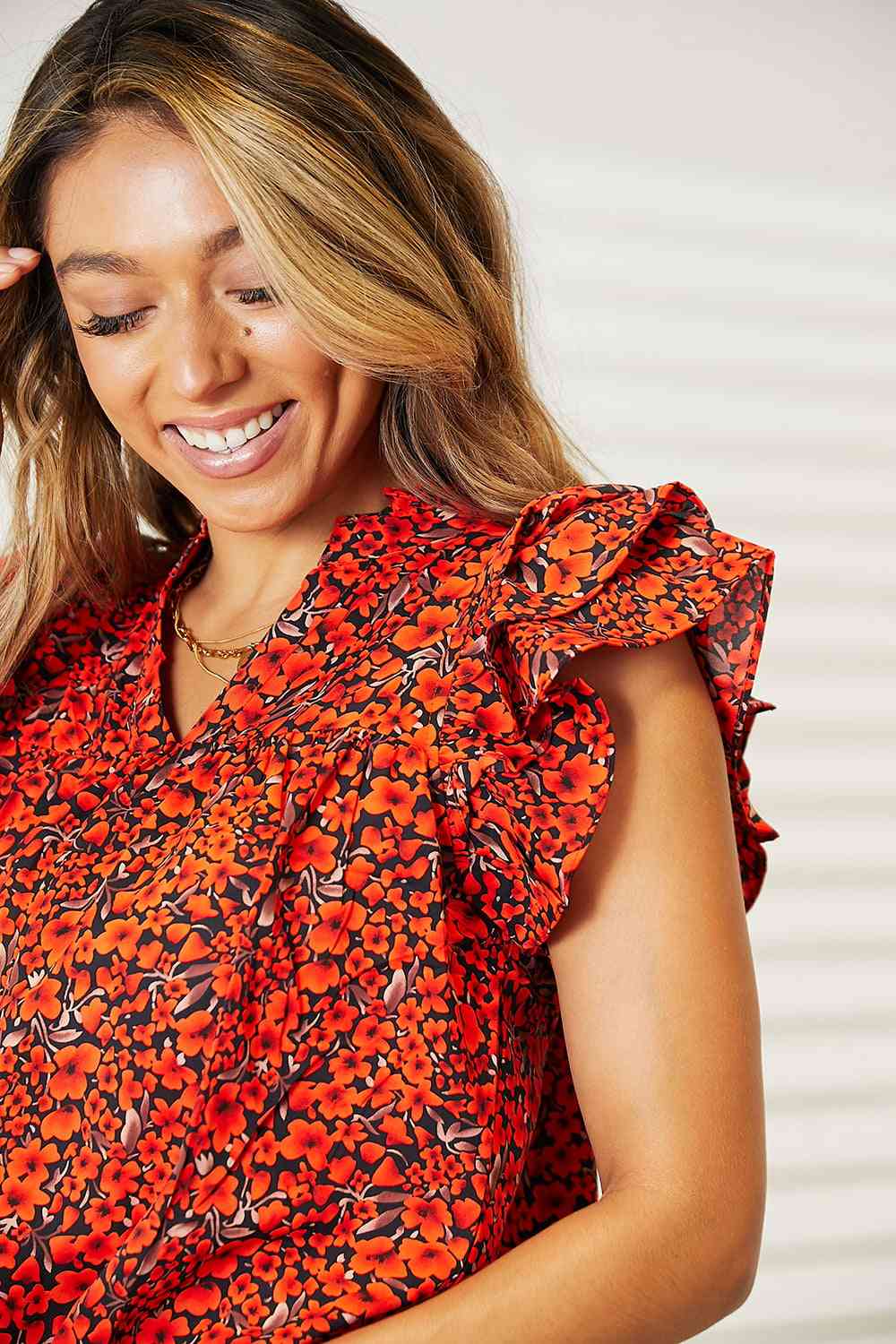 Double Take Floral Flutter Sleeve Notched Neck Blouse - Guy Christopher 